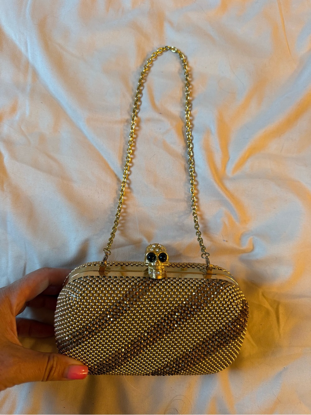 Gold Crystal Skull Evening Clutch with Chain Strap